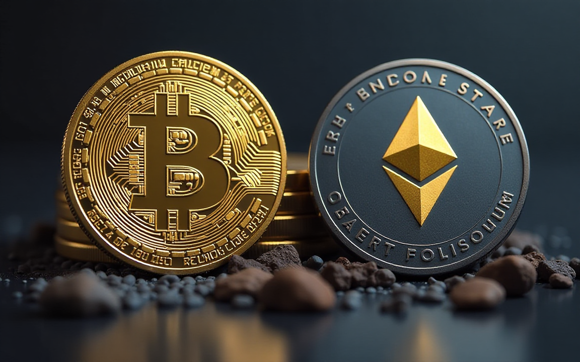 Stylized illustration of a Bitcoin ETF share being exchanged for Bitcoin tokens on a blockchain network, representing on-chain ETF settlement and in-kind redemption.