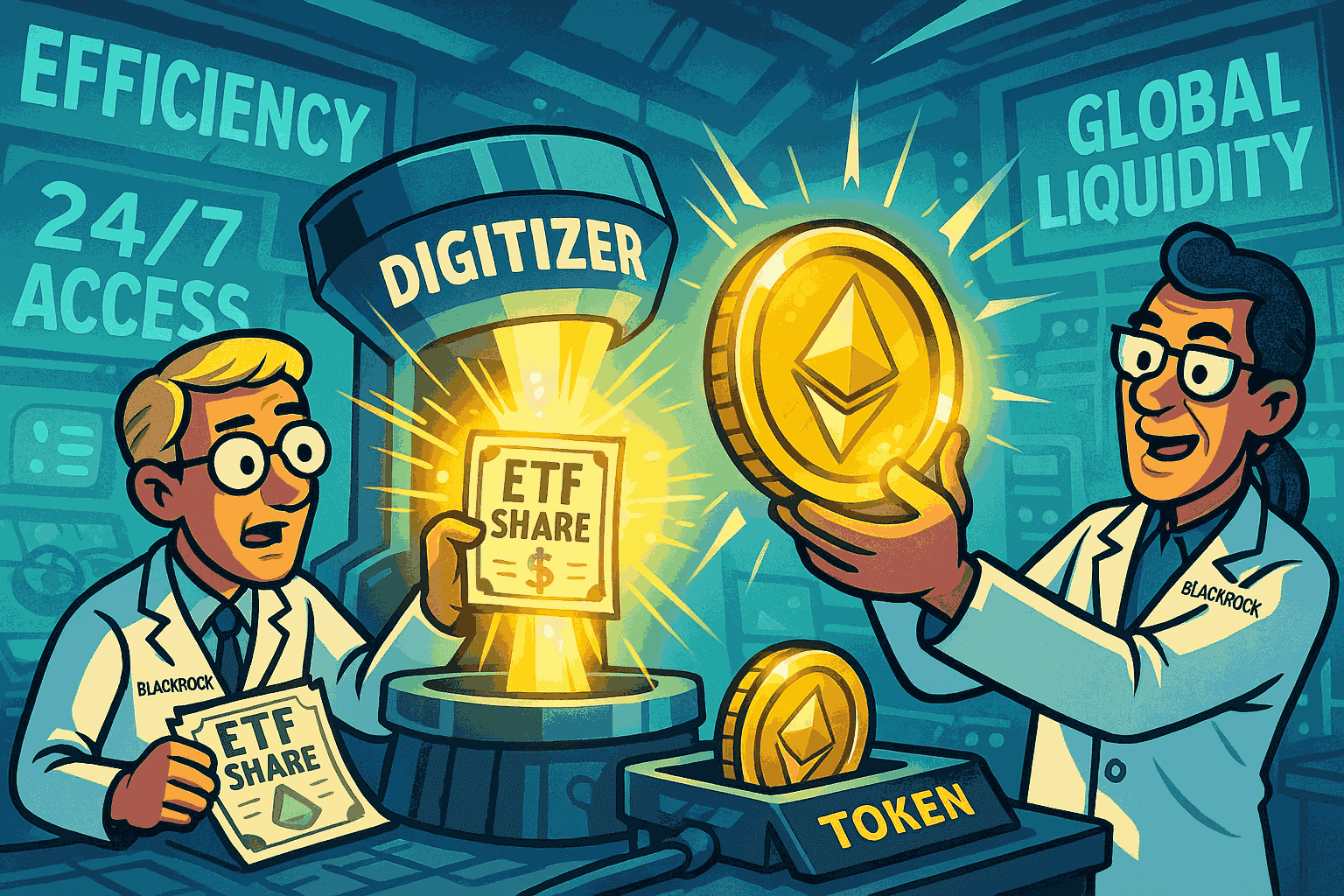 Illustration of tokenized ETFs connecting Wall Street and Ethereum blockchain, symbolizing the bridge between traditional finance and decentralized technology
