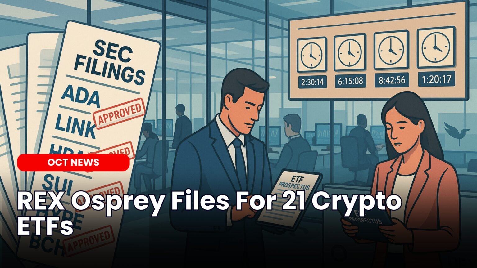 Logos of major altcoins ADA, SOL, AVAX, DOT, and other REX/Osprey ETF-listed tokens with ETF icons overlayed, representing the 21 new altcoin ETFs filed in October 2025