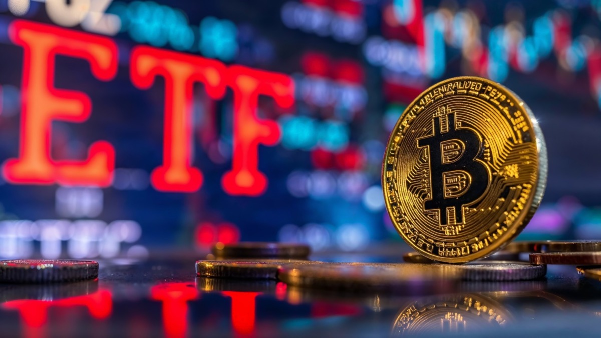 Conceptual image representing US spot Bitcoin ETF inflows and outflows, featuring digital coins and financial professionals analyzing market trends without specific price data